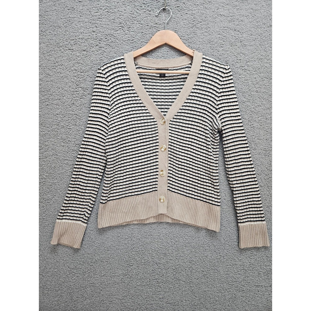 Halogen Cardigan Sweater Small Beige Black Striped V-Neck Button Front Classic